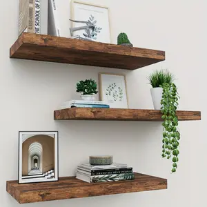 Floating Shelves for Wall - Set of 3 Rustic Brown Wooden Wall Shelves for Home Decor, Wall Mounted Display