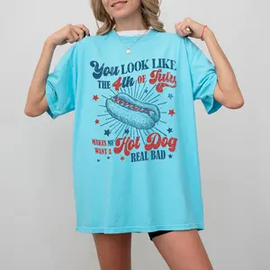 You Look Like The 4th Of July Shirt Vintage, Makes Me Want A Hot Dog Real Bad Shirt, Funny 4th Of July Tee, Patriotic USA Tshirt, Independence Day USA Shirt, Hot Dog Lover Shirt, Women Tops, Cotton Fabric Oversized Graphic Tee, Relaxed Fit Chic Style