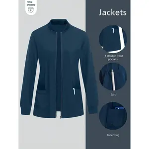 Cimmuovere 2025 Winter Fashion Navy Blue Scrubs Long-Sleeved Stand-Up Collar Zipper Waterproof Jacket with Pockets for Nurses Dentists Healthcare Professionals Workwear - Fit - Clothes Womenswear Polyester
