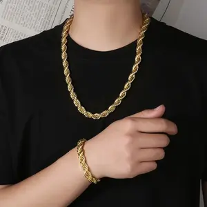 Set Rope Chain 10MM 24'' and Bracelet 10MM in 14K Gold Plated No Tarnish 2 Years Warranty  No Tarnish