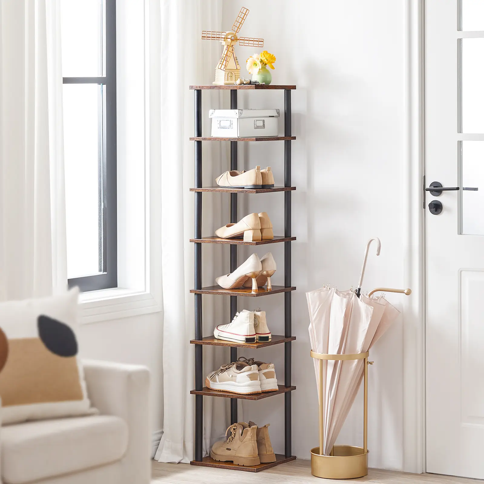 HOOBRO 8-Tier Vertical Shoe Rack Narrow Shoe Shelf, Rustic Shoe Storage Organizer for Small Space, 11" L x 11" W x 53" H, Closet, Entryway, Hallway, Bedroom, Rustic Brown and Black#springtok #SummerVibes
