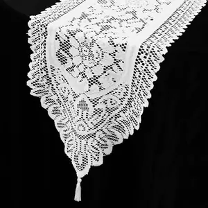 Lace Table Runner 14"x108" White Floral Embroidered - Vintage Style Tabletop Decor