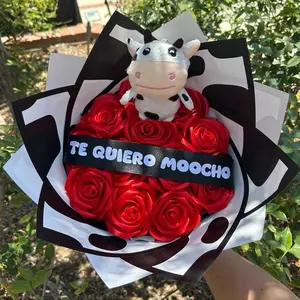 12 Ribbon Rose Bouquet with Plush Cow Keychain Customizable Message for Any Occasion Bridal Gift Wedding Gift
