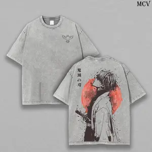 Sanlan SanlanRetro Vintage Anime Style Washed T-Shirt, Unisex Oversize Double Printed Lightweight Cotton Tee, Casual Gift for Manga Fans