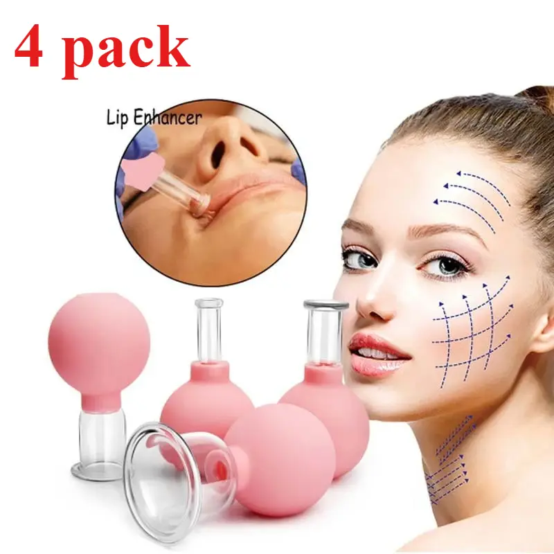 Pink Plastic 4-Cup Facial Cupping Kit - 2.2in & 1in Silicon Face Lifting Device with Vacuum Suction, Meridian Physical Therapy for Adults, Beauty Care (Textiles & Soft Furnishings, Sewing Accessories)