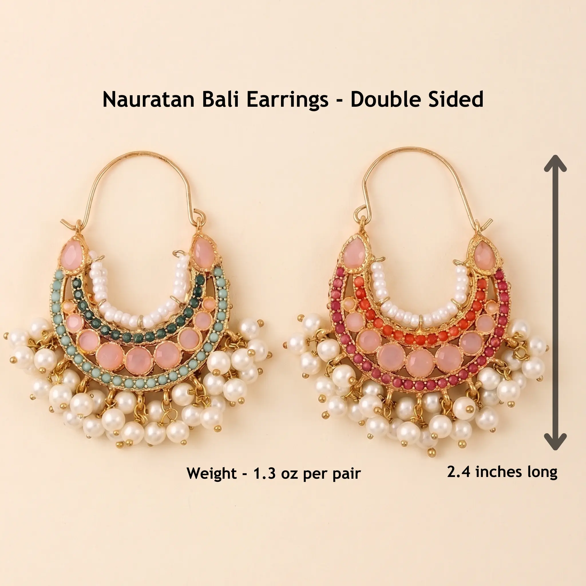 Nauratan Bali Earrings Double sided - Multicolor Stone, Statement Earrings