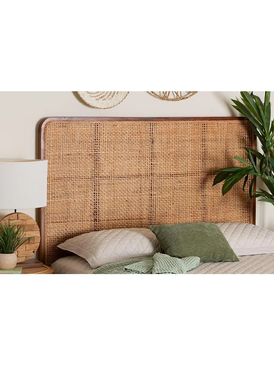 212 MAIN Bali & Pari Caspia Bohemian Queen Size Headboard - Natural Rattan & Mahogany Wood, Curved Corner, Frame, Full Size, Mahogany Teakwood, Curved Corner Headboards, Frame Headboards