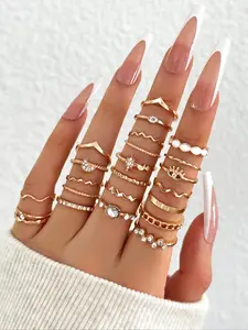 Women's Elegant Rhinestone Decorated Rings Set (23pcs/set), Statement Multi Ring, Star & Moon & Braid & Eye & Hollow Out Design Rings for Women, Party, Daily Birthday Gift