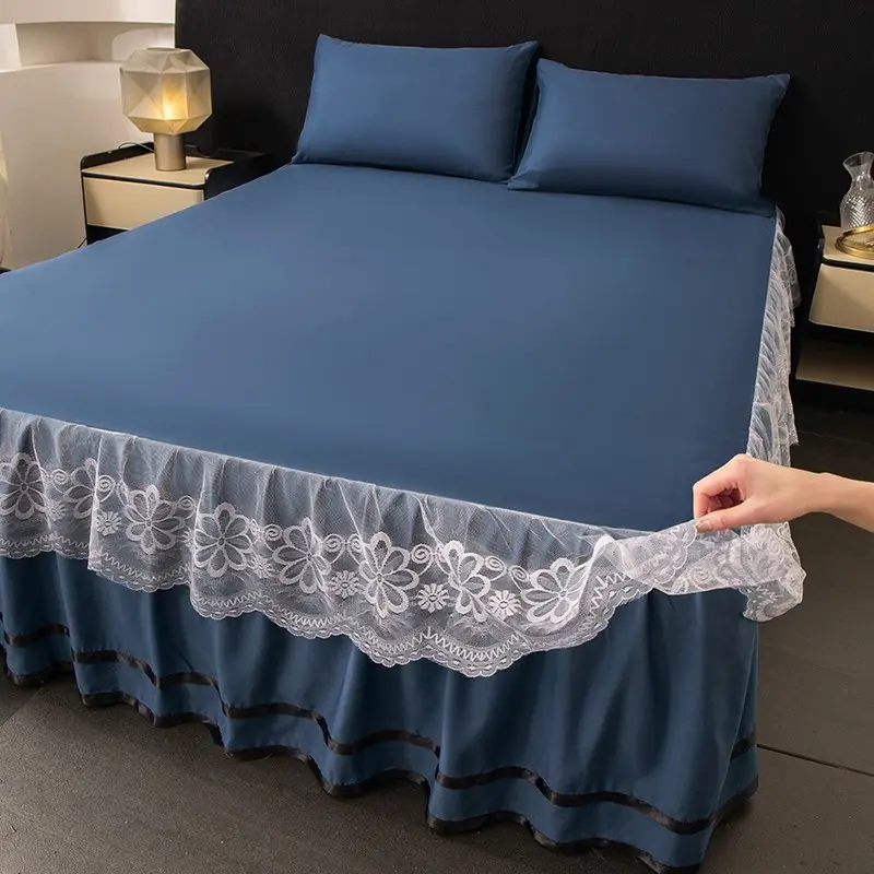 3pcs Pure Color Polyester Bedskirt Set, Includes 1 Bedskirt and 2 Pillowcases, Lace Edge, Suitable for Single Twin Full Queen King, Bedding Supplies, Bedding Accessories