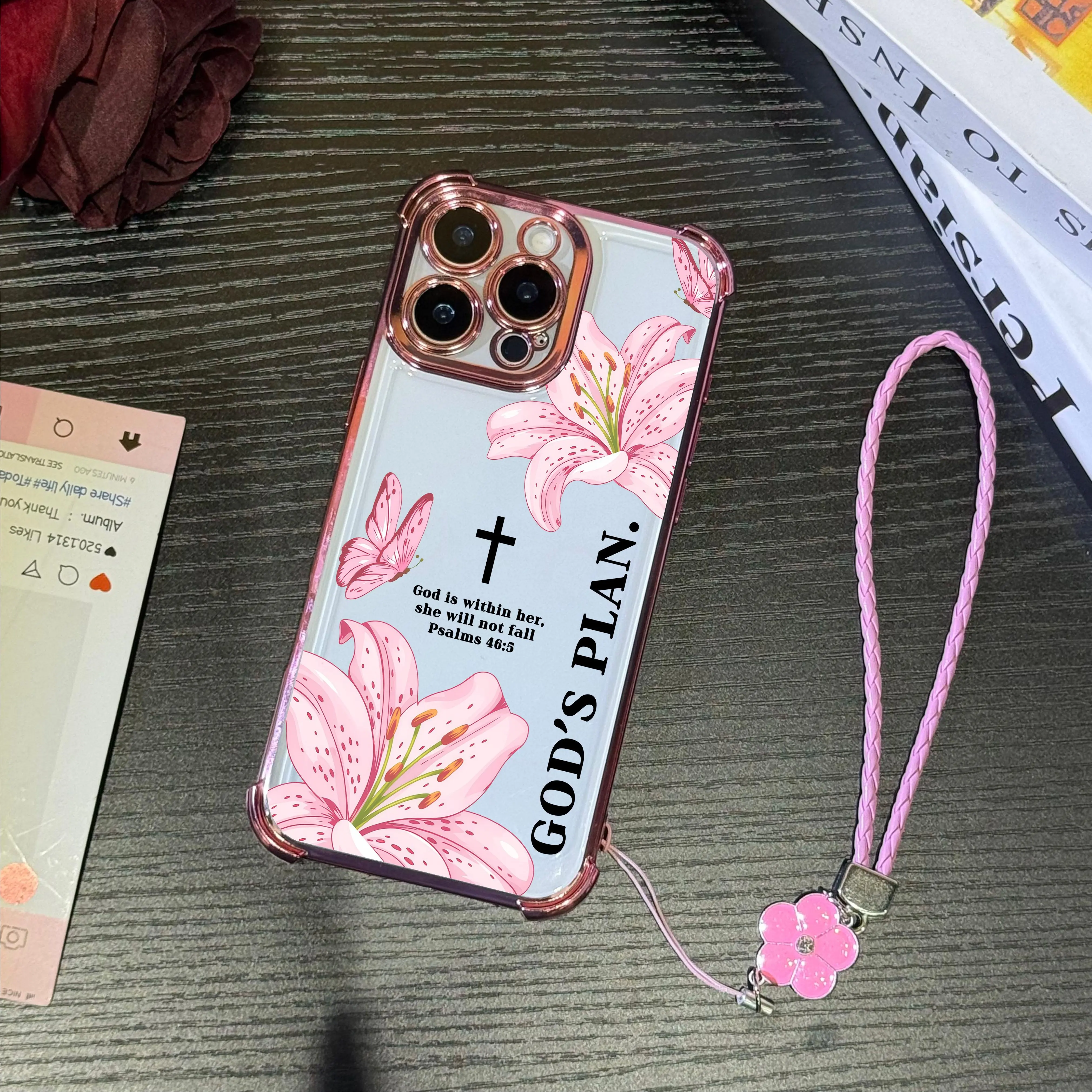 Bibical Cross and Lily Pattern Four Corner Anti-Fall Phone case for iPhone Samsung Galaxy 17Pro Max Air 16Plus 15 14 13 12 11 XR XS S26 S25 S24 S23 S22 cases, Transparent cover, Non-Yellowing, Shockproof Soft silicone, Gifts for girls.JL61