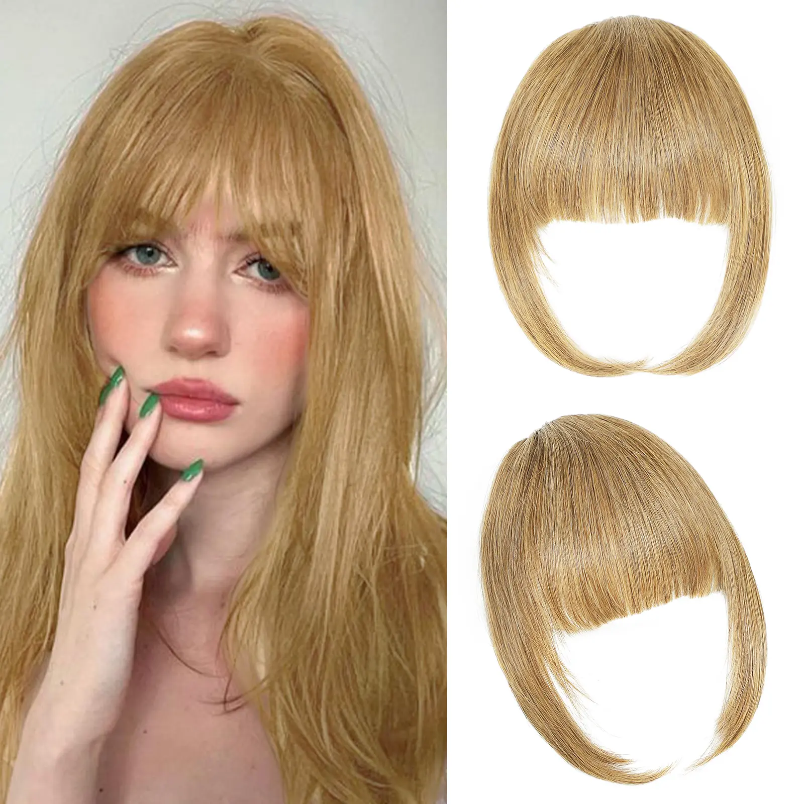 ALICOCO Human Hair Clip in Bangs - Real Human Hair Clip in Bangs for Women - Golden Blonde French Bangs Extensions Fringe with Temples Dyeable Real Hair Bangs Hairpieces - Dark Golden Blonde topper thinning secure hairtoppers