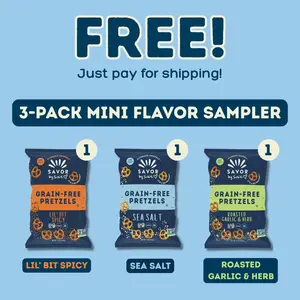 FREE Mini Bag Sampler - Just pay for shipping! Grain-Free Pretzels 3-Pack - Sea Salt, Lil' Bit Spicy, Roasted Garlic & Herb, Gluten Free, Top 9 Allergen Free, Lunchbox Snack Crispy Savory Crunchy