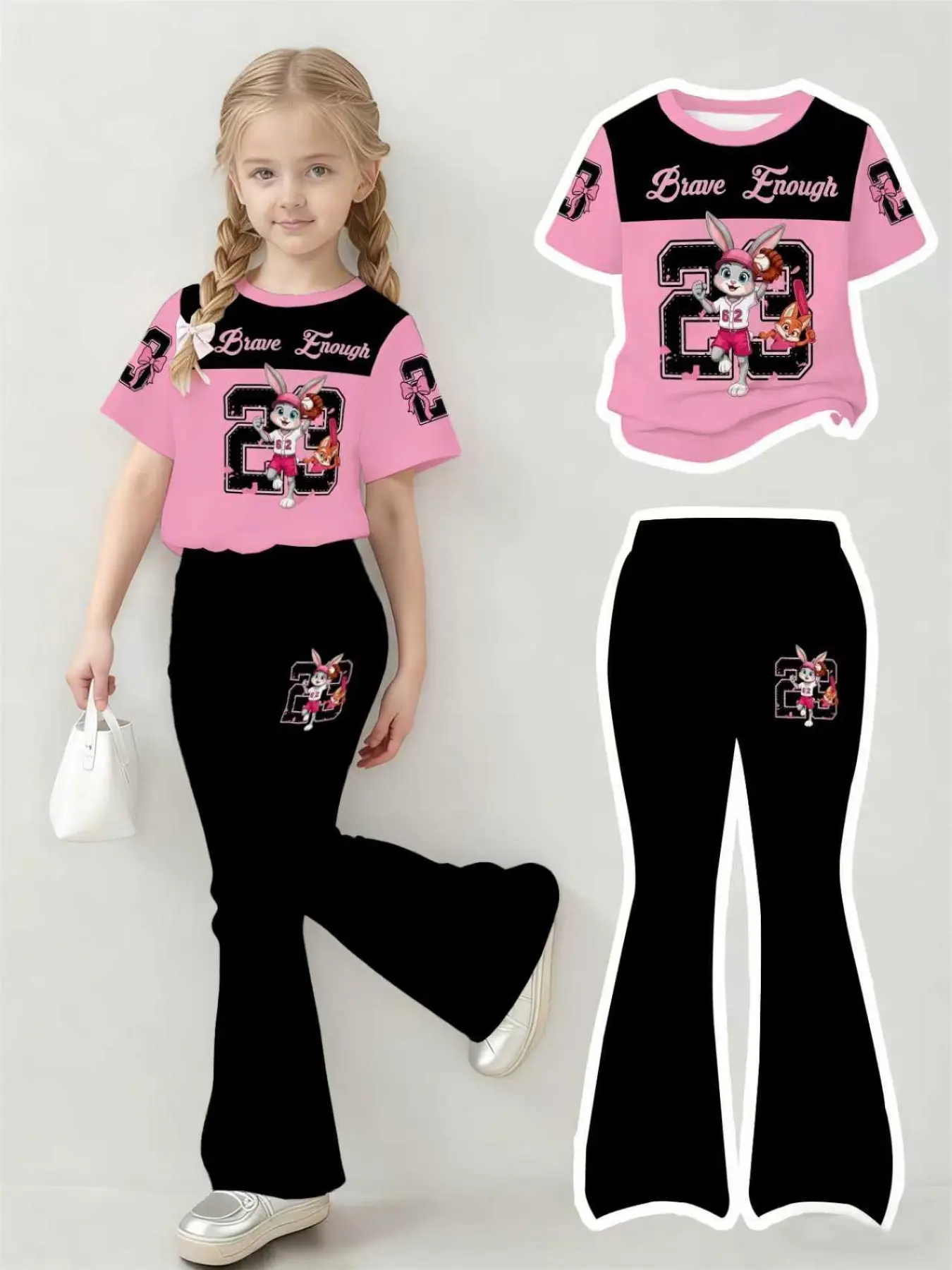Vintage School Street Number, Letter & Animal Print, Vintage Girly Clothes, Teen Girl Casual Loose Round Neck Short Sleeve T-Shirt and Bell Pants Matching Tween Set, Spring Fall