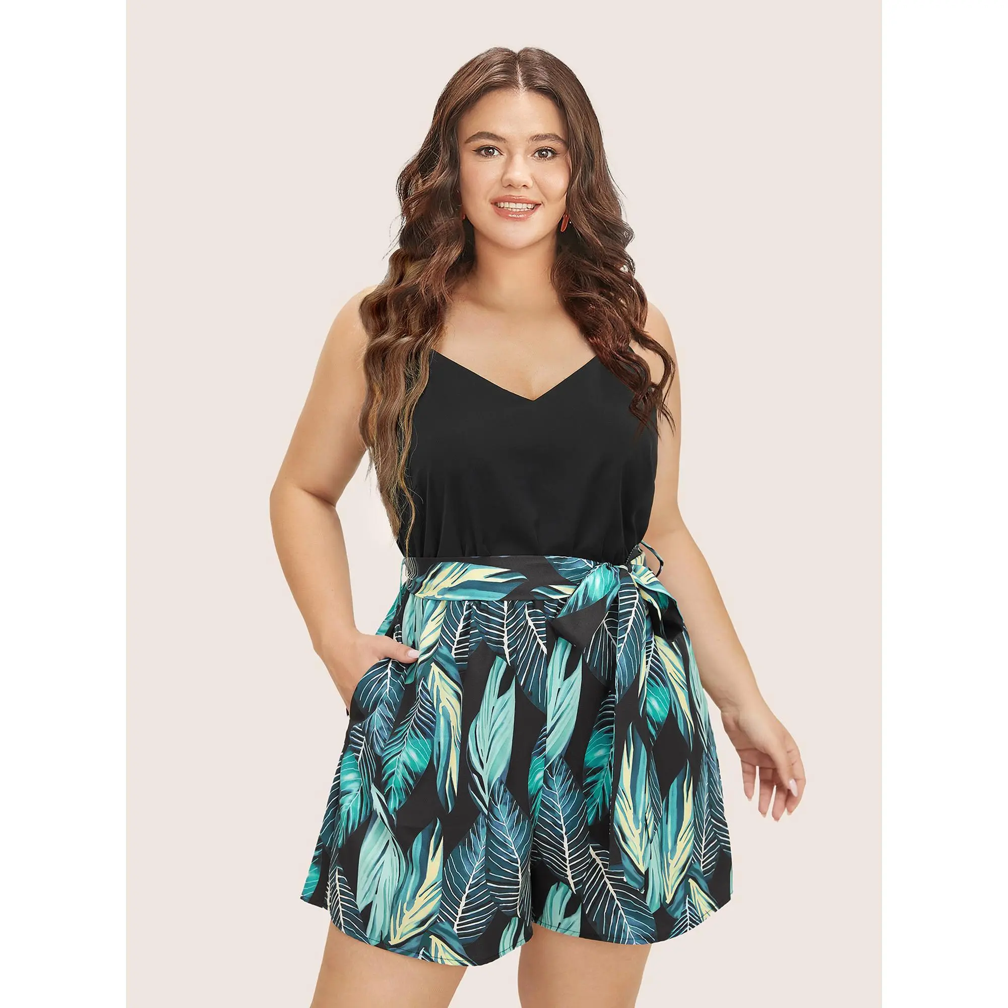 BLOOMCHICPlus Size Bohemian Tropical Patchwork Pocket Belted Cami Overalls - Polyester-Spandex Elastic Blend,Adjustable Straps,Sleeveless,Garment with Custom Fit - [M-6X] Fabric Womenswear Fit,Summerfinds