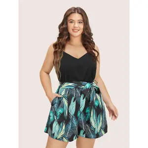 【Summer Turn-Up】BlOOMCHIC Plus Size Tropical Patchwork Pocket Belted Cami Romper [M-6X] 2026 Summer Pick for Mother's Day