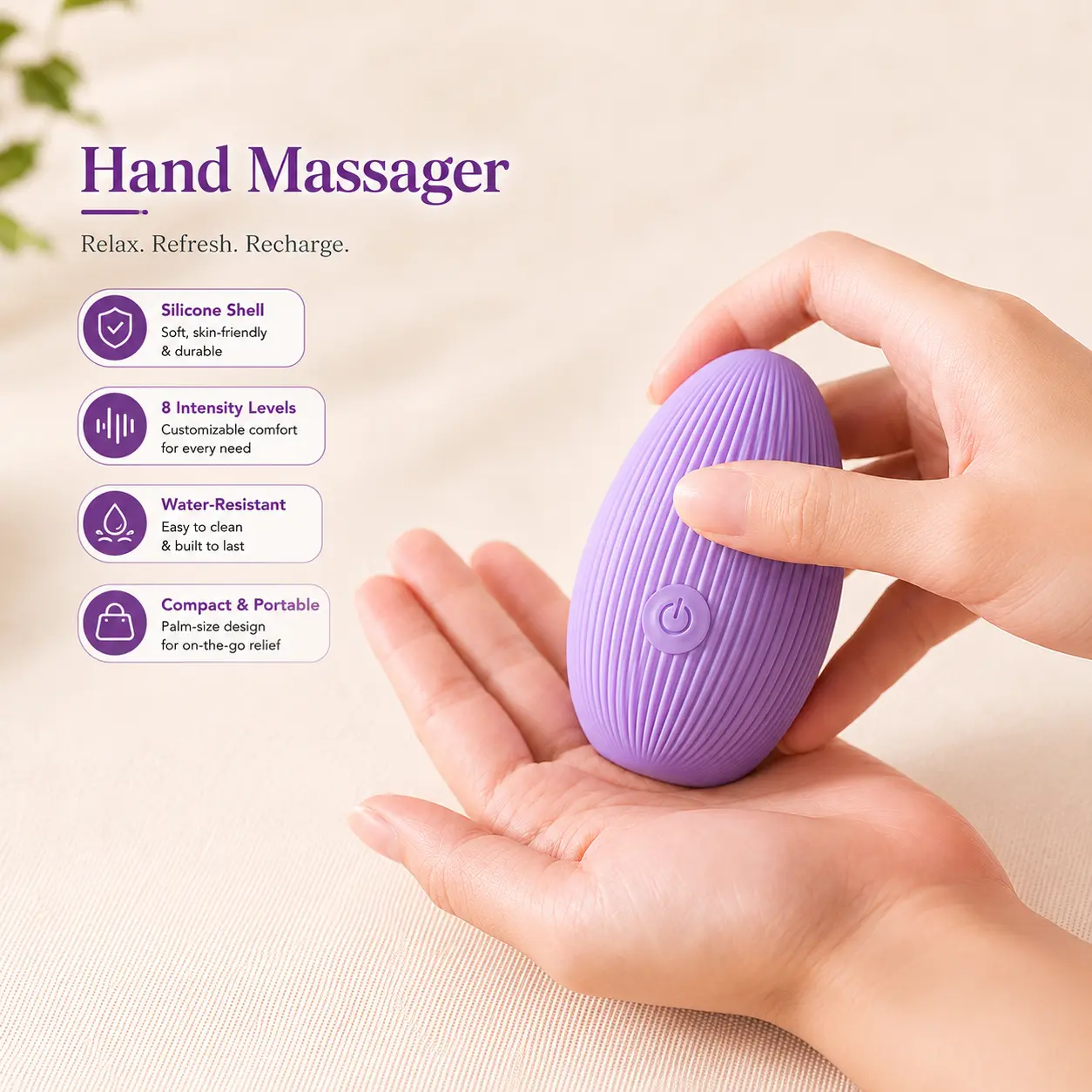 A hand-sized handheld massager for your hands, featuring 8 adjustable intensity levels Rechargeable and a soft silicone body, Reusable water-resistant allowing you to relax your hands anytime, Lightweight anywhere—an excellent gift for parents.
