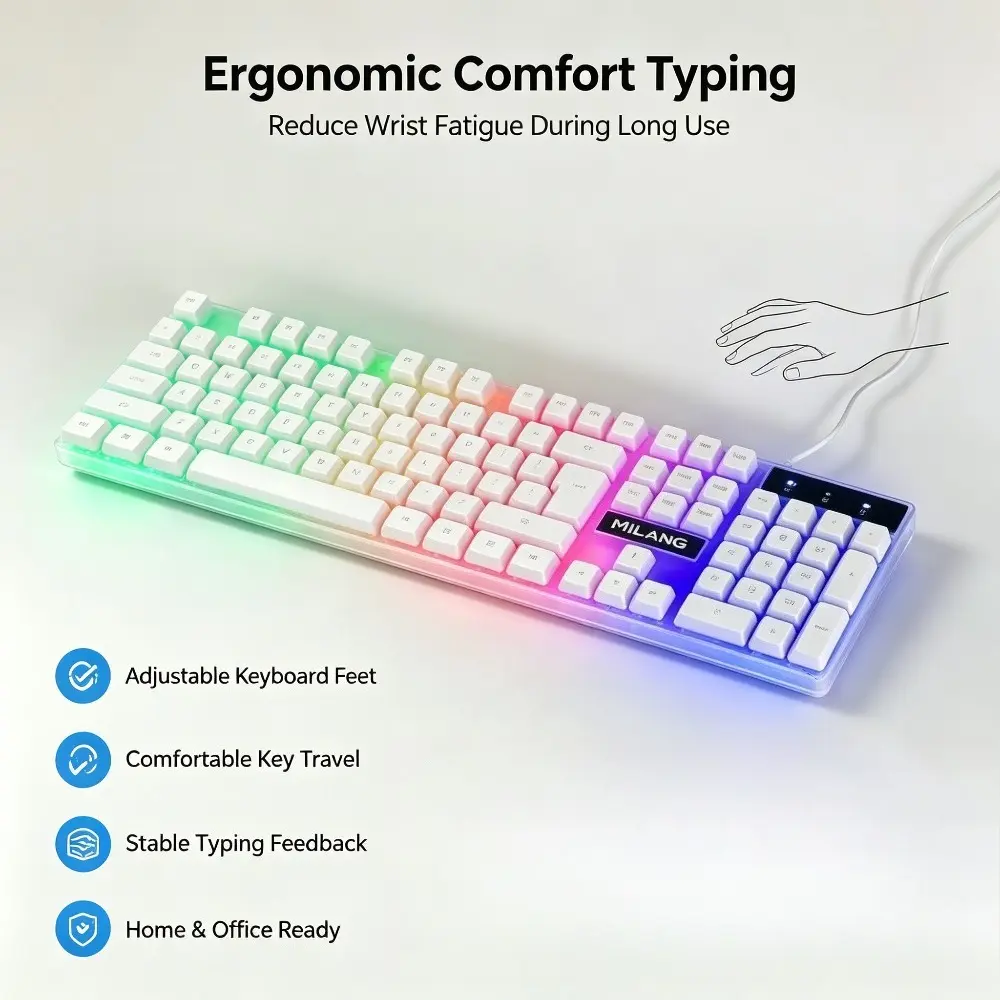 Ergonomic Waterproof Mechanical Keyboard with Rainbow Backlight, 104-Key Full Size USB Wired Peripheral for PC Gaming and Office Use, Backlighted Keys