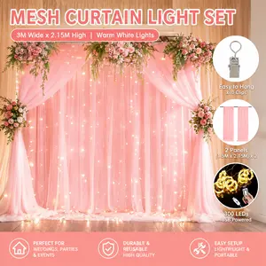 Fun Party Pink Mesh Curtain Lights Set with 300 Warm White LEDs, 10ft x 7ft Sheer Tulle Backdrop Drapes, 2 Panels USB Powered Curtain Lights for Wedding Party Birthday Baby Shower Decorations