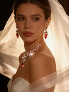 3-piece luxury imitation red crystal bridal necklace earring set, perfect for weddings, dances, and formal occasions (1 necklace+2 earrings)