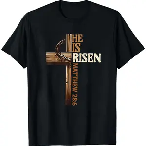 Women's Cotton Easter Cross "He is Risen" Jesus Christian T-Shirt - All Seasons, Machine Washable