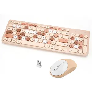 L-KBB001  Wireless Keyboard and Mouse Combo, Retro Typewriter Keyboard with Round Keycaps, 2.4GHz USB Cute Wireless Keyboard Mouse for Computer, Desktop, Laptop (Milk Tea Colorful)