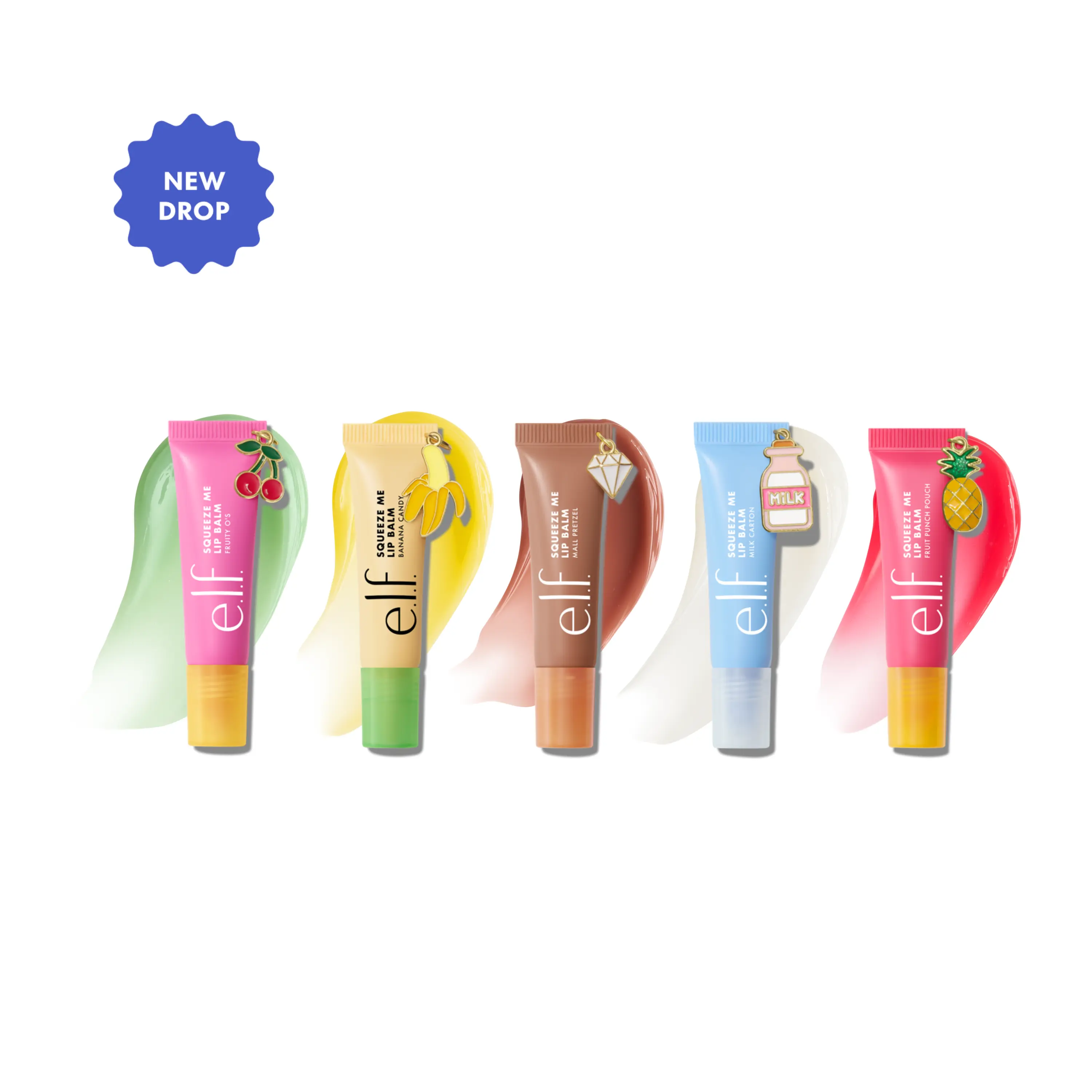 e.l.f. Squeeze Me Lip Balm Flavor Flashback - Tinted Lip Balm in 5 Nostalgic Flavors for Hydrated, Soft Lips with Sheer Color, Collectible Keychain Charms, Limited Edition, Vegan & Cruelty-Free