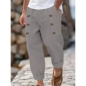 Men’s solid button pants, regular fit casual comfortable linen trousers for summer, men’s bottoms for daily wear, beige