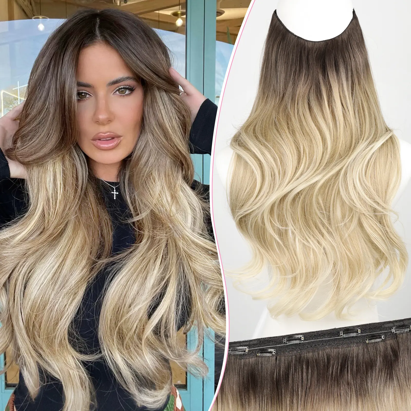 Women's 20-in Synthetic Extensions & Pieces, Invisible Wire Clip-In Layered Long Wavy Hairpiece, Transparent Adjustable Headband, 6 Secure Clips, Brown to Blonde, Party-Ready, Bouncy Waves