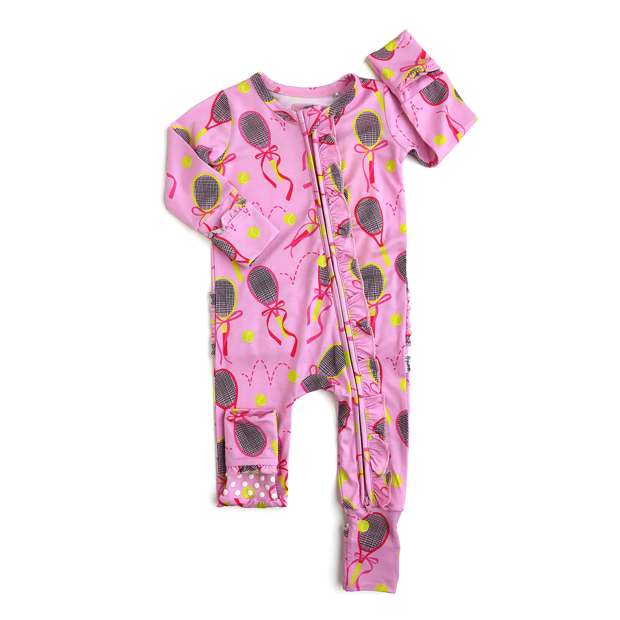 Serena Pink Tennis RUFFLE ZIP Baby Girl Clothes Baby Clothing Bamboo Gigi and Max Tennis Racket