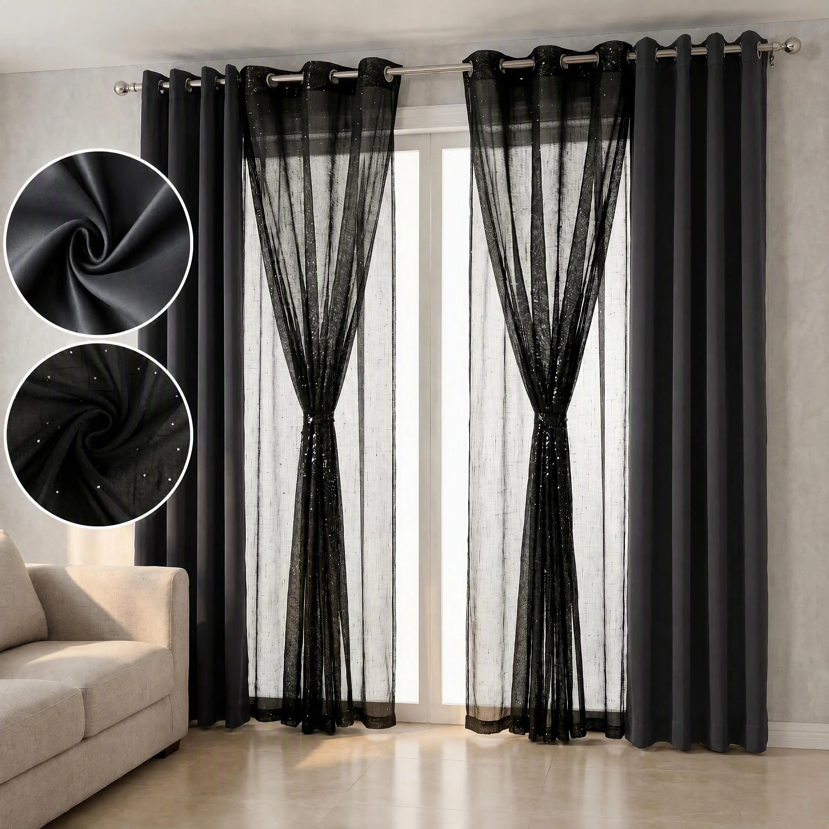 34/52 Inch 6-Panel Window Curtain Combo - Cross Grid Faux Linen Rhinestone Dot Grommet Sheer + Multi-Color Solid Thermal Blackout Curtains Panels, Starry Sparkling Light-Filtering Drapes for Bridal Bedroom Farmhouse Decor QF222&FT2930, Window Curtains