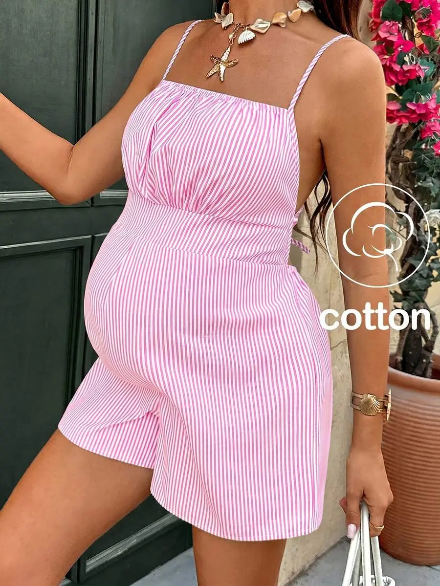 Maternity Striped Backless Jumpsuit Tie Strap Short Romper for Beach Vacation and Brunch