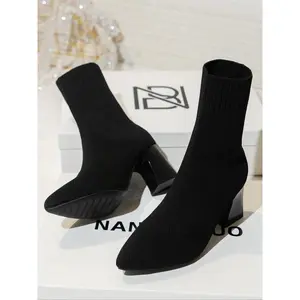 Women's Solid Color Pointed Toe Mid-Calf Boots, Fashionable Slip on Boots for Daily Wear, Casual Versatile High Heel Boots for Women & Girls