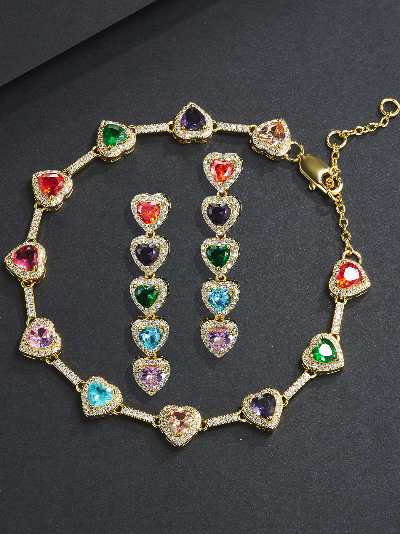 A 2-piece 10MM colored zircon heart set, a two-piece set of bracelet and stud earrings, a hip-hop bracelet gift, Romantic Bracelet Set, elegant and noble jewelry accessories, perfect for mom or girlfriend, Matching Jewelry Set, Jewellery Gift Set