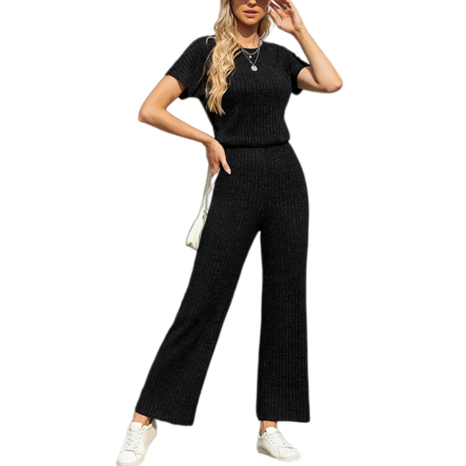 Asvivid Women's Casual Loose Solid-Color Ribbed Round-Neck Short-Sleeved Long Jumpsuit, Elastic Wide-Leg Jumpsuit sohochic