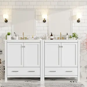 60" White Bathroom Vanity Set with Double Vanities (Separate), Double Ceramic Sinks, Storage Shelf, and Divided Drawers  (Mirror not included)– Modern Bathroom Solution for Spacious Bathrooms   WL