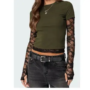 Womens lace top- Layered lace tshirt Crop Top: green casual shirt y2k