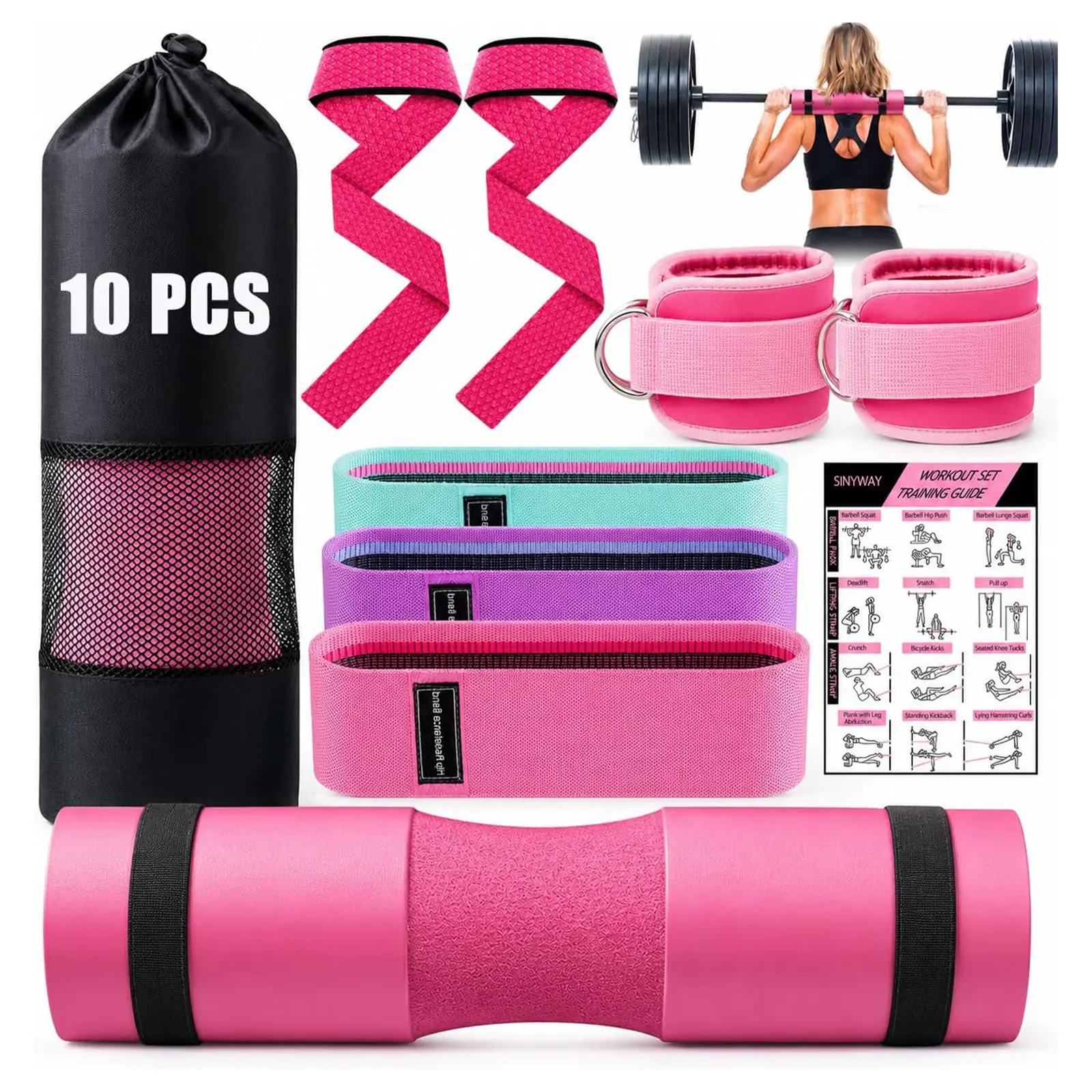SINYWAY Barbell Pad Set for Squat,10 PCS Hip Thrusts Workout Foam Weight Lifting Bar Cushion with 2 Gym Ankle Straps,3 Hip Resistance Bands,2 Lifting Strap,Barbell Pad and Carry Bag
