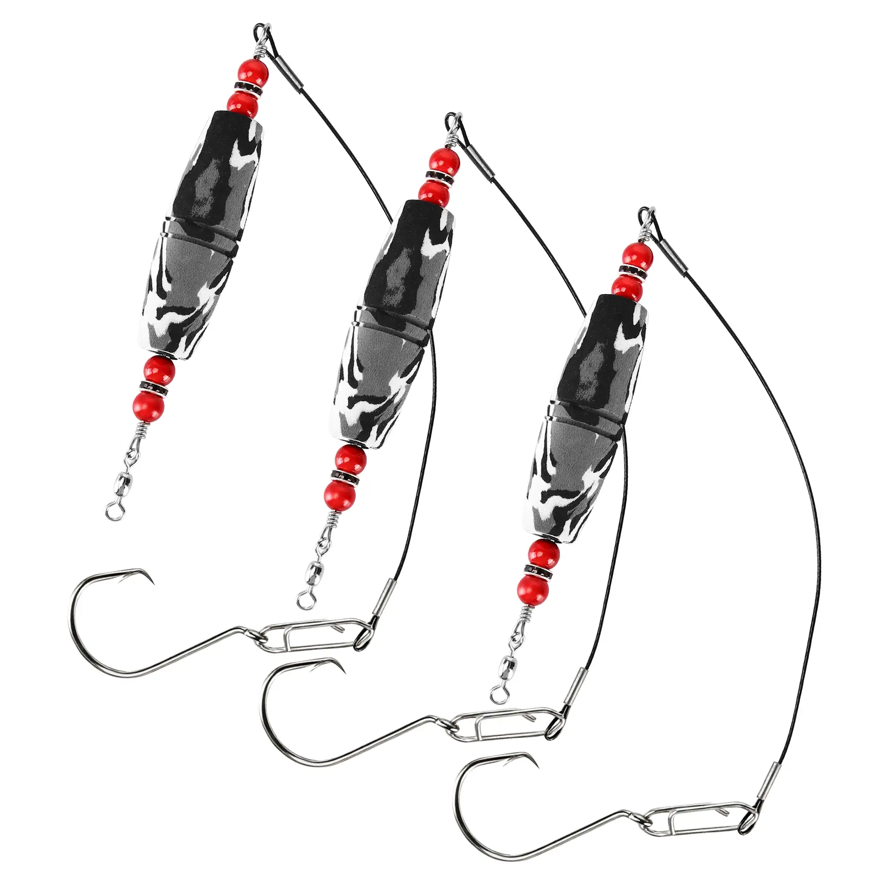 BEASTENERGY Catfish Rigs, 3-Pack Heavy-Duty Pre-Tied Floating Tackle with Camo Pattern, Braided Line Leader, Rattling Floats and Circle Hooks for Freshwater & Saltwater Fishing
