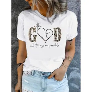 With God Print T-Shirt, Summer Short Sleeve Crew Neck Casual Top, Women's Clothing