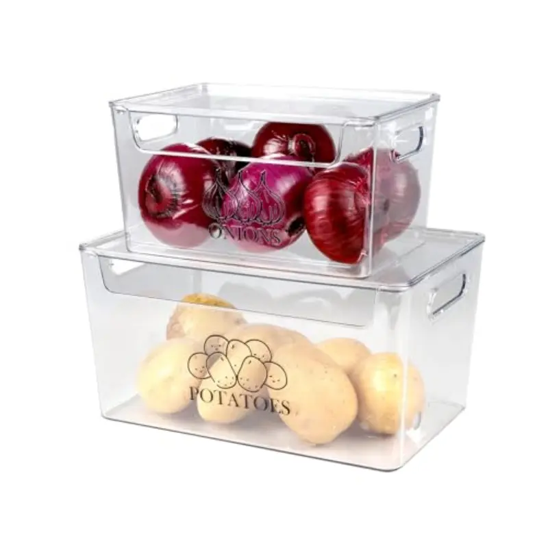 2 Pack Potato and Onion Storage Bins with Lid Dustproof and Stackable Organizer for Kitchen Transparent Vegetable Containers MultiFunctional Pantry and Fridge Baskets Food Storage Potato Box Clear