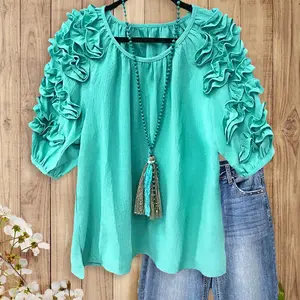 SageVell Turquoise Top with Ruffled Sleeves – Round Neck, Ruffled Short Sleeves, Solid Color Women's Cloth Blouse Elegant Office Outfits Women 90s Graphic Tees Green Blue Clothes Fabric Shirts