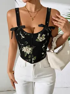 French Bow Tie Floral Print Slimming Body Shaper Vest Top for Women, Sexy Sleeveless Backless Strappy Design, Bustier Tops, Perfect for Daily Wear