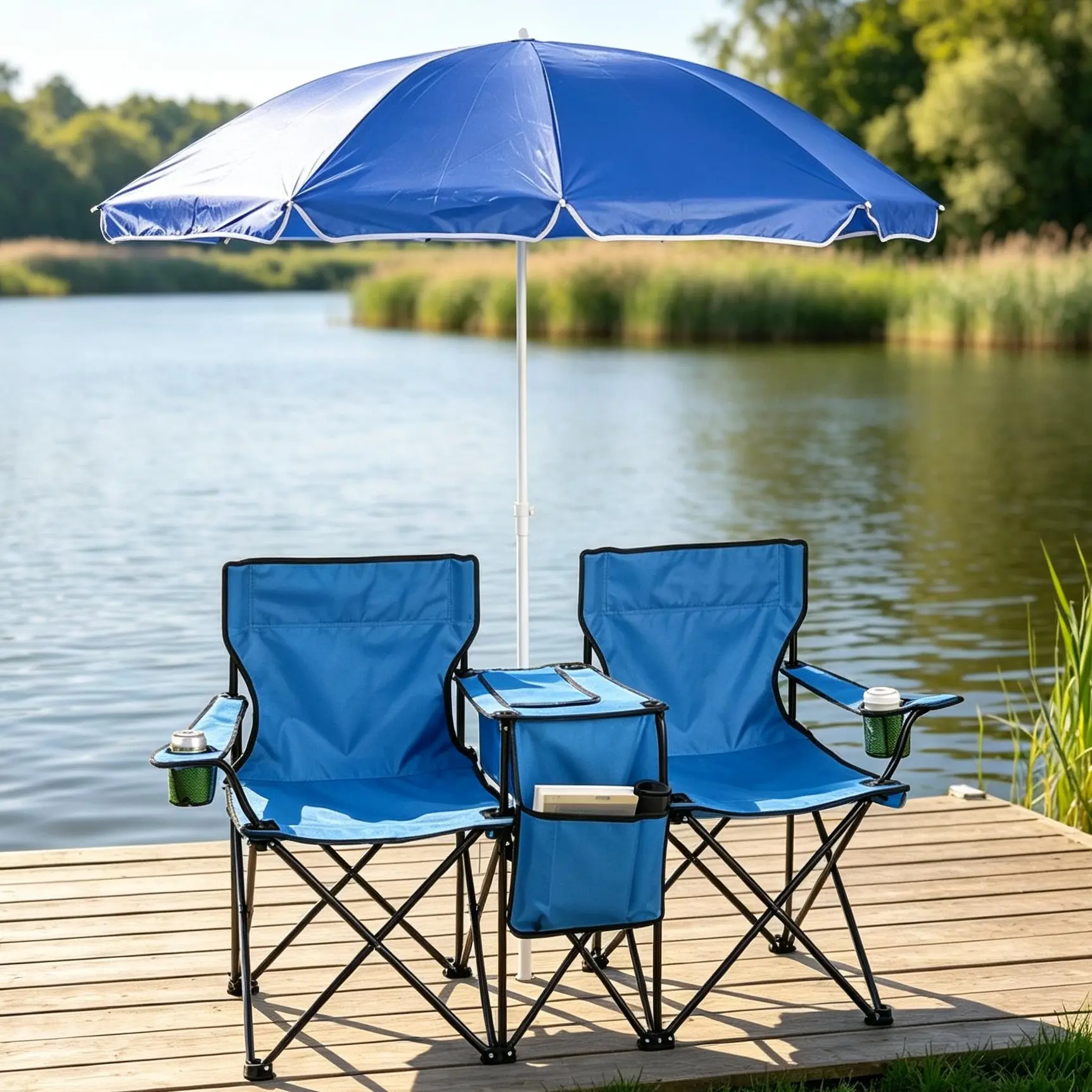 2-seater 4-in-1 outdoor camping chair, lightweight and foldable portable outdoor fishing chair with sun umbrella, central cup bag, portable fishing chair in blue