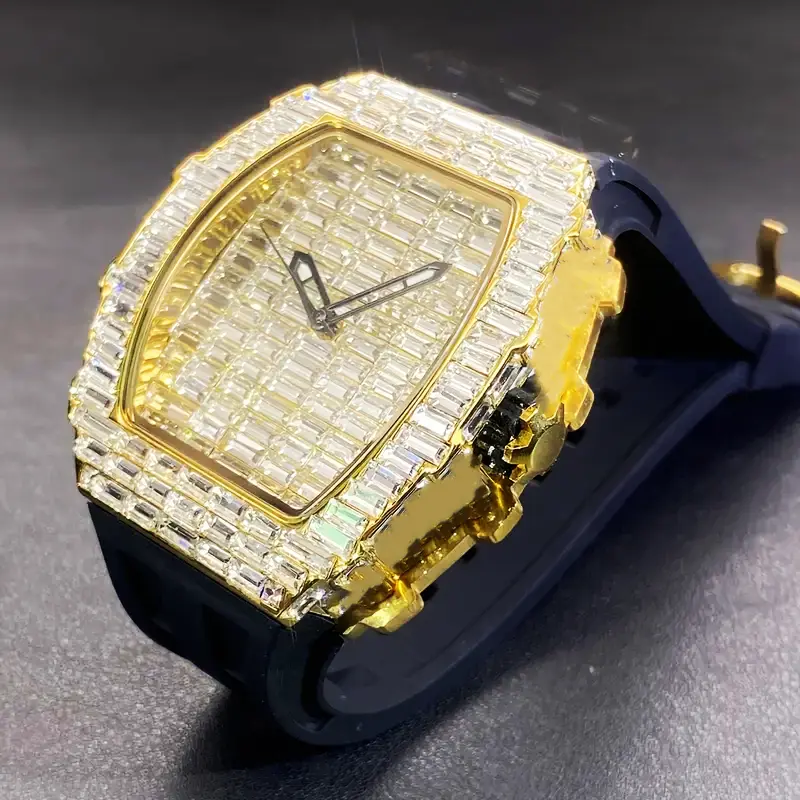 MaxBling81 Men's Hip-Hop Rapper Style Japanese Quartz Watch - Iced Baguette Stones, Square Analog Dial, Silicone Band, Waterproof Luxury Fashion Watch