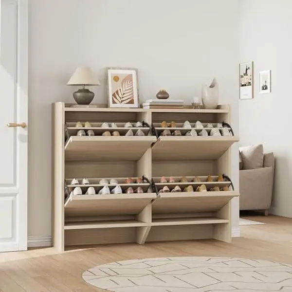 GARVEE 4-Flip-Drawer Wooden Shoe Cabinet - Space-Saving Shoe Rack, Adjustable Removable Shelf, Durable Engineered Wood, for Entryway, Hallway, Natural Finish