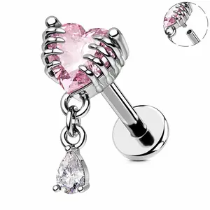 Oufer 16G Hand Hold Pink Heart CZ Internally Threaded Helix Stud