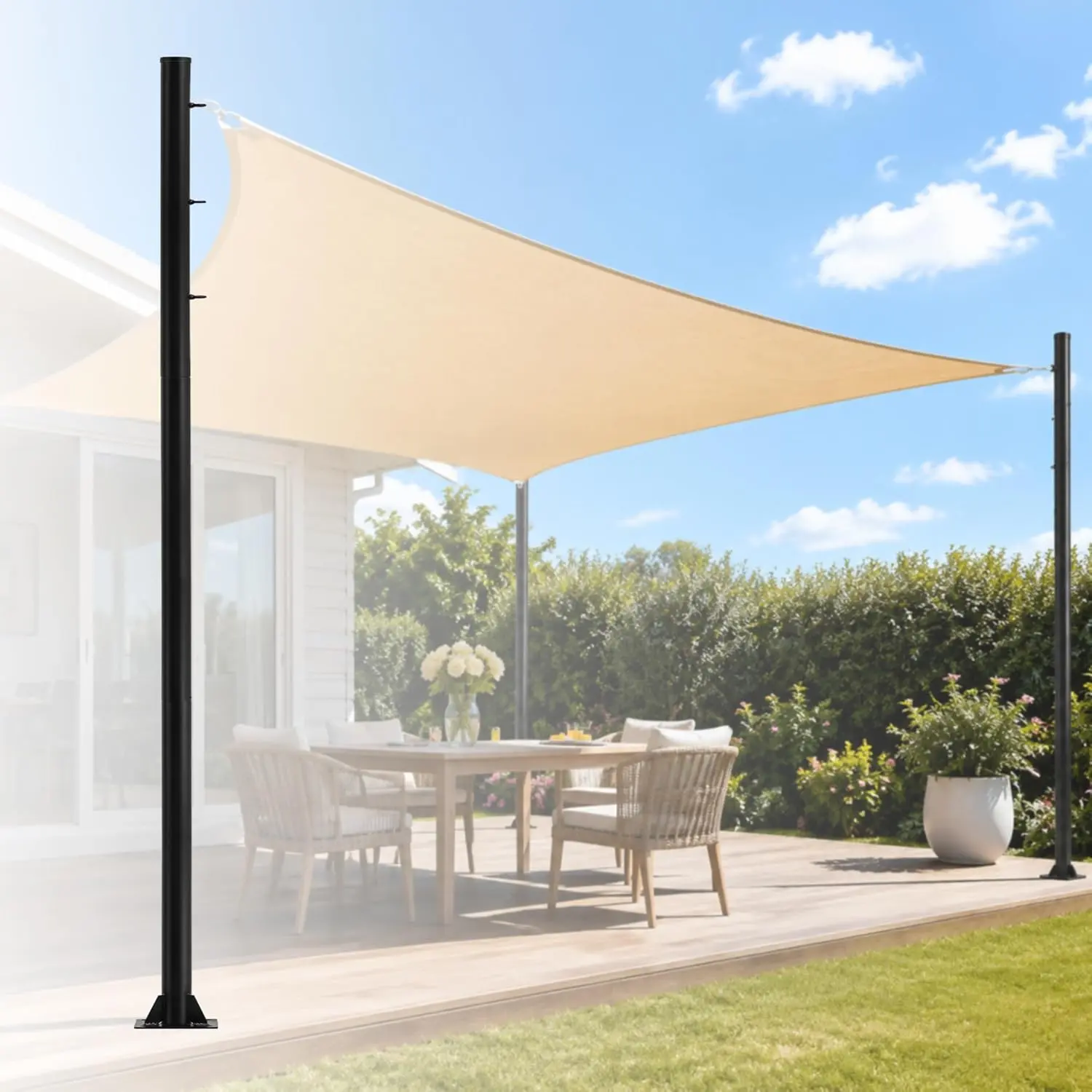 Heavy Duty Steel Shade Sail Pole Kit for Sun Protection & Outdoor Shade Solutions, 9.8 ft Round Post (2.28" Diameter, Black) with 3 Rings for Outdoor Deck, Patio Use