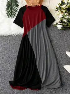 【Plus Size】 Women's Colorblock Raglan Sleeve Lounge Dress Loungewear, Casual Soft Comfortable Round Neck Short Sleeve Midi Dress for Everyday Home Wear, Sleepwear Nightdress for All Seasons