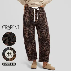 GRAPENT Barrel Jeans for Women Trendy High Waisted Pull On Wide Leg Cropped Leopard Cheetah Print Stretchy Denim Pants Womenswear Bottoms
