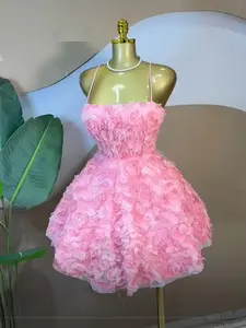 PULKRITU Elegant Women's Rose Floral Woven Mini Skirt, Thin Strap Backless Formal A-Line Dress, Birthday Party Gown, Sexy One-Piece Dress Formal Wear